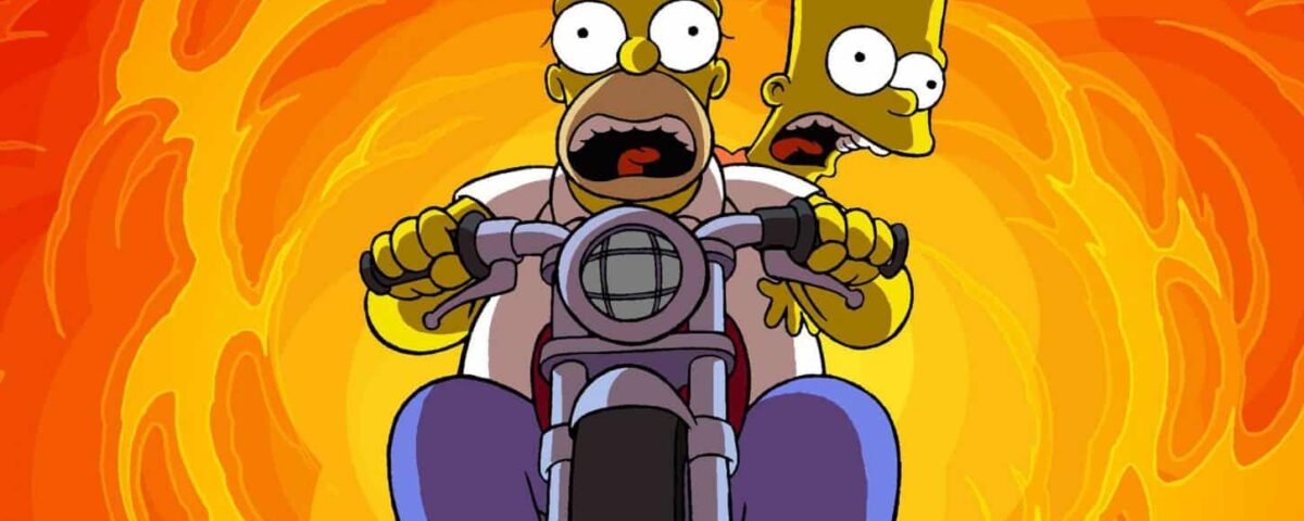 Homer et Bart des Simpson conduisent une moto avec un fond orange et jaune flamboyant, tous deux semblant excités et légèrement craintifs.