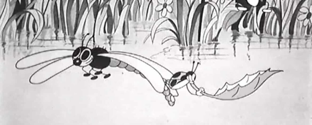 Image animée en noir et blanc tirée de "Silly Symphonies" représentant des insectes anthropomorphes au-dessus d'un étang ; l'un vole avec une feuille, tandis que d'autres flottent à la surface de l'eau.