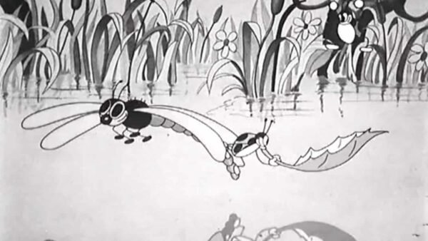 Image animée en noir et blanc tirée de "Silly Symphonies" représentant des insectes anthropomorphes au-dessus d'un étang ; l'un vole avec une feuille, tandis que d'autres flottent à la surface de l'eau.