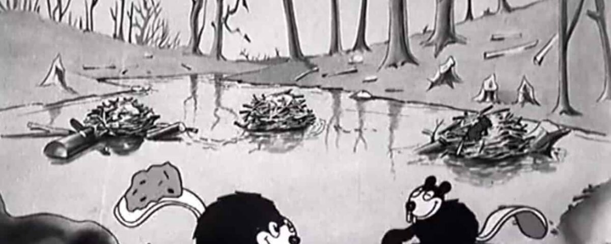 Illustration en noir et blanc de deux castors de dessins animés debout près d'un étang entouré d'arbres dénudés et de branches tombées, évoquant une scène d'automne. Un castor fait des gestes animés pendant que l'autre écoute