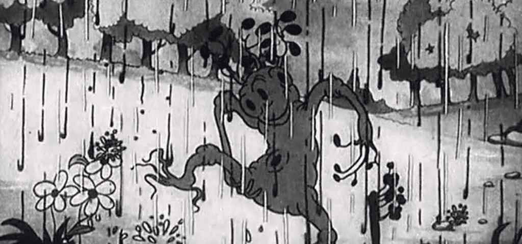 Une image animée en noir et blanc montrant des créatures fantaisistes dansant joyeusement sous la pluie printanière, l'une d'entre elles ressemblant à un singe tenant des fleurs. Les gouttes de pluie sont représentées par des lignes verticales remplissant la scène.