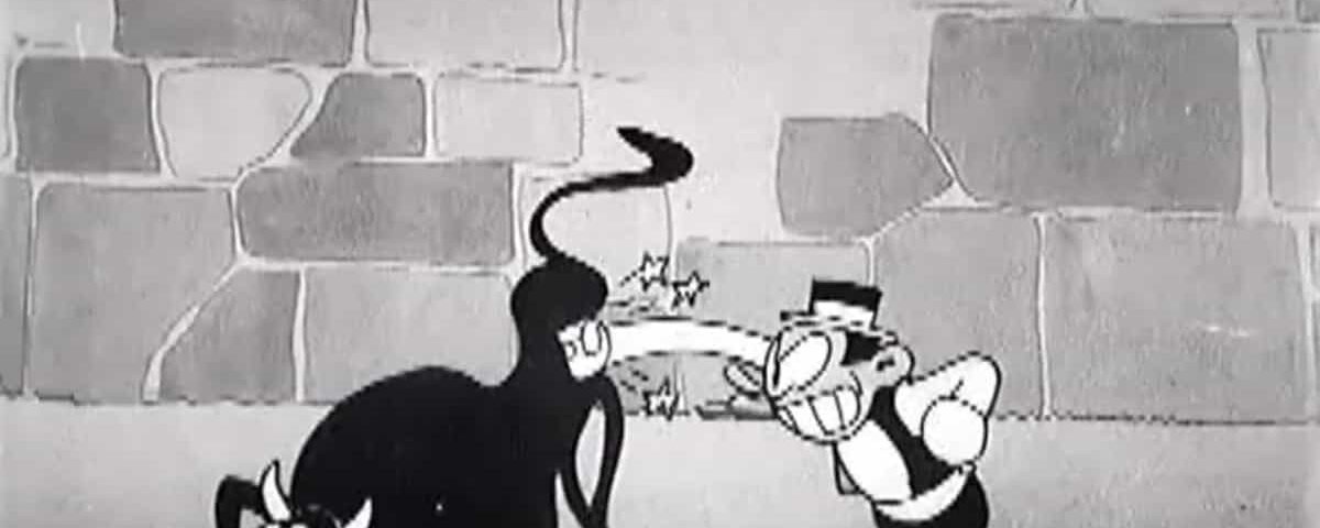 Image de dessin animé en noir et blanc d'un personnage classique de Disney habillé en marin avec de grands avant-bras combattant un grand personnage ressemblant à un chat noir devant un mur de pierre.