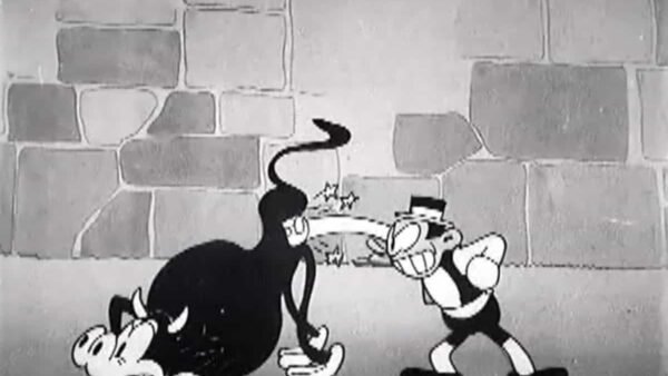 Image de dessin animé en noir et blanc d'un personnage classique de Disney habillé en marin avec de grands avant-bras combattant un grand personnage ressemblant à un chat noir devant un mur de pierre.