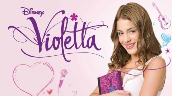 Image promotionnelle pour "Violetta" de Disney représentant une jeune femme souriante aux longs cheveux ondulés tenant un journal intime, entourée de gribouillages artistiques comprenant un cœur et un microphone.