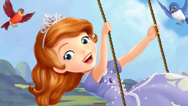 Illustration d'une jeune princesse Disney aux cheveux bruns, vêtue d'une robe violette et d'un diadème, se balançant joyeusement sur une balançoire en corde, avec deux oiseaux colorés volant à proximité sur un ciel bleu pittoresque et