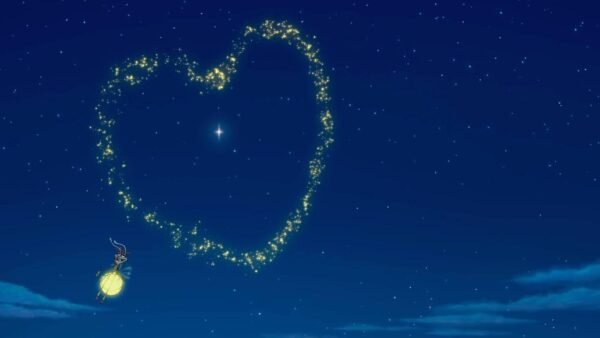 Une luciole brillant près d'une formation en forme de cœur de petites lumières dans le ciel nocturne, avec des étoiles et une seule étoile proéminente à l'intérieur du cœur, évoquant le conte d'Évangéline.
