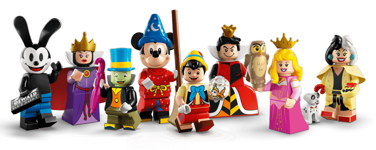 Une gamme de diverses figurines Disney Lego représentant des personnages emblématiques, notamment un magicien, un pirate, un roi, une reine et un guerrier, le tout debout sur un fond vert uni.