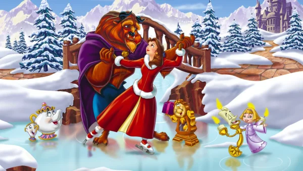 Illustration de "Belle et la Bête" montrant Belle et la Bête patinant sur glace, avec des objets enchantés que Lumière, Cogsworth et Mme Potts regardent. Paysage enneigé et