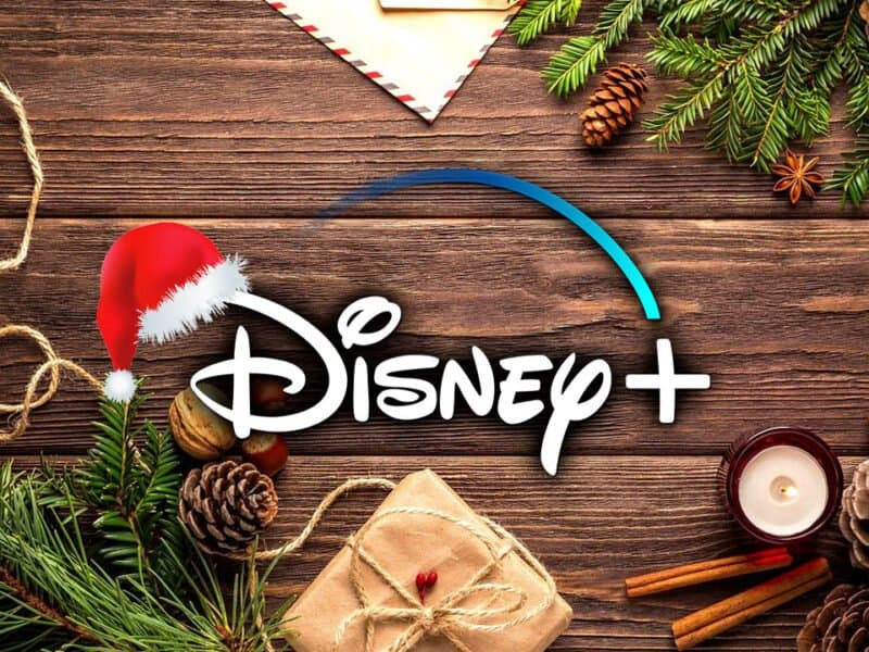 Logo Disney+ avec un chapeau de Père Noël sur fond en bois, entouré de branches de pin, de pommes de terre, d'une bougie, d'un cadeau emballé et de décorations festives de Noël.