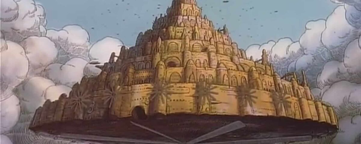 Illustration d'un grand château mythique flottant dans le ciel, décrit dans le ciel, entouré de nuages, avec une base en forme de croix visible en dessous. Le château est orné, avec plusieurs