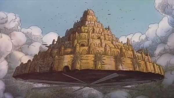 Illustration d'un grand château mythique flottant dans le ciel, décrit dans le ciel, entouré de nuages, avec une base en forme de croix visible en dessous. Le château est orné, avec plusieurs
