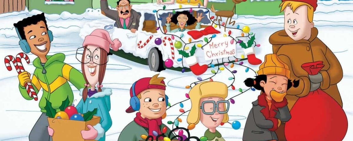 Illustration d'un groupe diversifié de personnes profitant des activités de Noël dans un décor enneigé, avec des décorations colorées, des tenues de fête et une pancarte « joyeux Noël » sur une voiture.