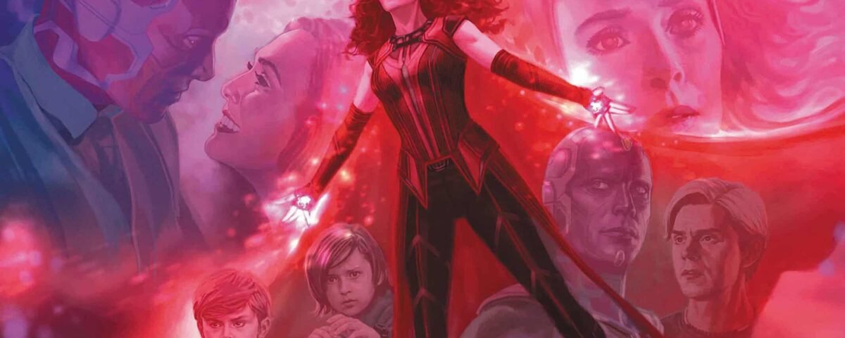 Illustration de "WandaVision" mettant en scène Wanda Maximoff dans son costume de Sorcière Rouge, entourée d'autres personnages principaux et de son énergie magique, sur fond rouge mystique.
