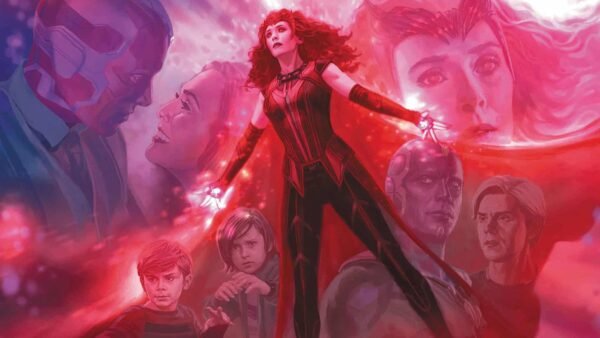 Illustration de "WandaVision" mettant en scène Wanda Maximoff dans son costume de Sorcière Rouge, entourée d'autres personnages principaux et de son énergie magique, sur fond rouge mystique.