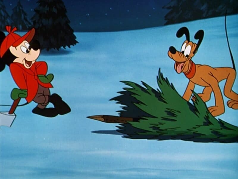 Mickey Mouse, portant un chapeau rouge et des mitaines vertes, se tient à côté d'un sapin de Noël tombé, tandis que Dingo, tenant le sapin, regarde avec une expression enjouée dans un décor enneigé.