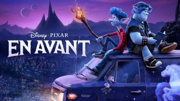 Deux personnages animés, l'un tenant un bâton magique, assis sur une camionnette portant le titre "en avant" dans un décor fantastique de Disney Pixar sous un ciel crépusculaire.