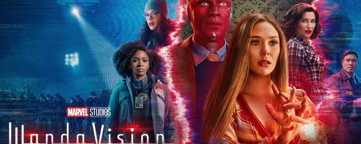 Affiche promotionnelle pour "WandaVision" de Marvel Studios, mettant en vedette Wanda et Vision au centre avec des personnages secondaires et un mélange d'arrière-plans vibrants et surréalistes indiquant différentes réalités.