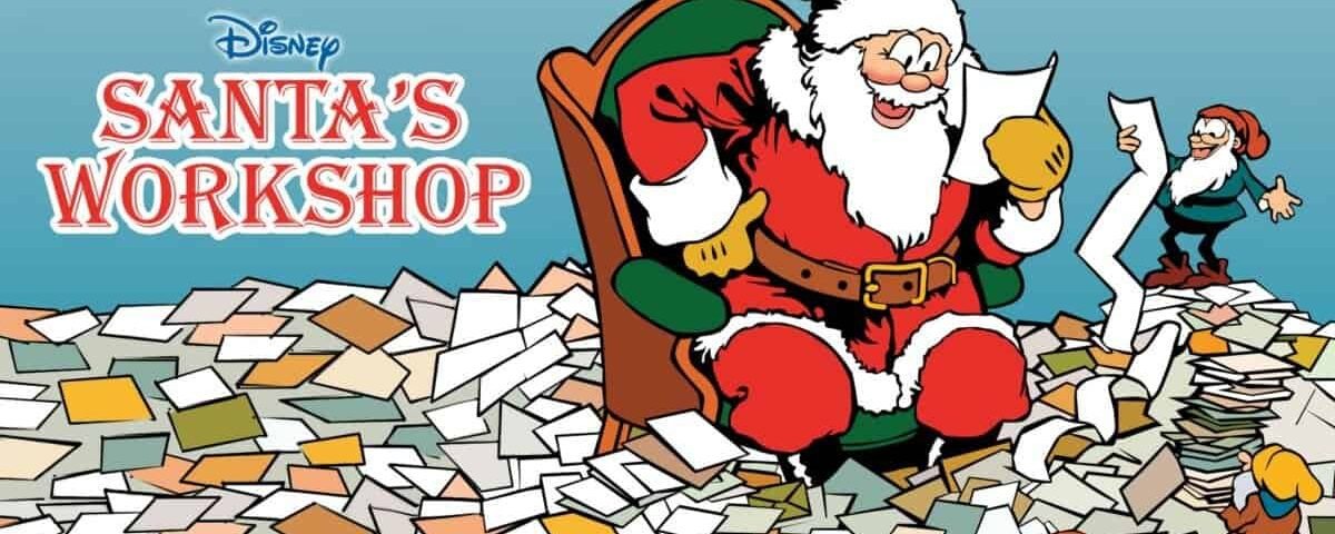 Illustration pour l'Atelier du Père Noël de Disney montrant le Père Noël souriant et assis sur une chaise, entouré de tas de lettres, avec des lutins gérant la scène.