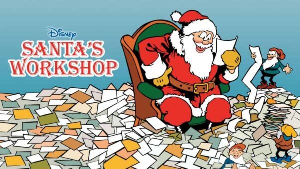 Illustration pour l'Atelier du Père Noël de Disney montrant le Père Noël souriant et assis sur une chaise, entouré de tas de lettres, avec des lutins gérant la scène.