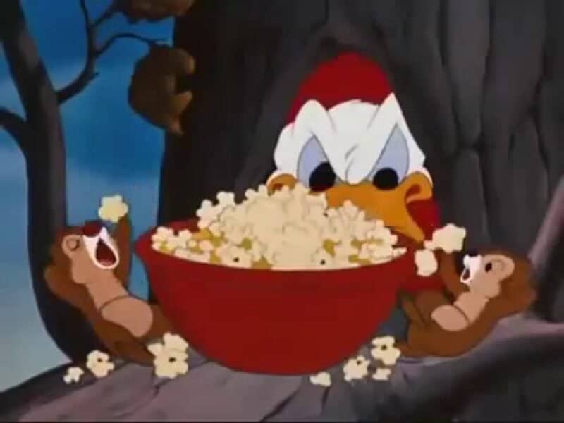 Une image de dessin animé de Woody Woodpecker tenant un grand bol rouge, organisant une fête de pop corn, avec deux tamias plus petits, chacun tenant un morceau de pop corn, l'air excité. Ils sont