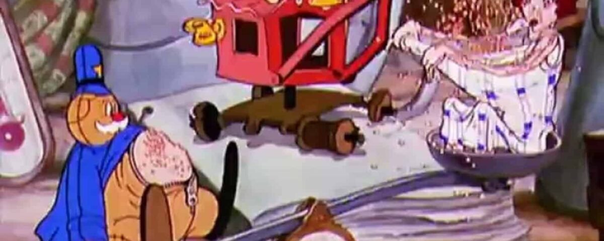 Scène animée montrant Popeye dans une tenue bleue actionnant une machine à pop-corn, tandis qu'Olive Oyl, surprise, se fait doucher par le pop-corn de la machine pendant Noël.