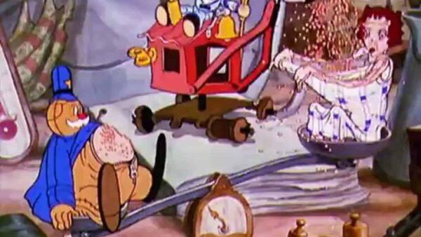 Scène animée montrant Popeye dans une tenue bleue actionnant une machine à pop-corn, tandis qu'Olive Oyl, surprise, se fait doucher par le pop-corn de la machine pendant Noël.