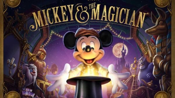 Affiche promotionnelle pour le spectacle « Mickey et le magicien » de Disneyland mettant en vedette un Mickey Mouse souriant dans un chapeau de magicien, entouré de symboles et de personnages mystiques sous un ciel éclairé par la lune à Walt Disney
