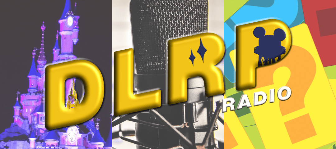 Un graphique à trois panneaux présentant, de gauche à droite, une image nocturne colorée d'un château DLRP, un gros plan d'un microphone professionnel et un dessin abstrait coloré avec des formes de Mickey Mouse.