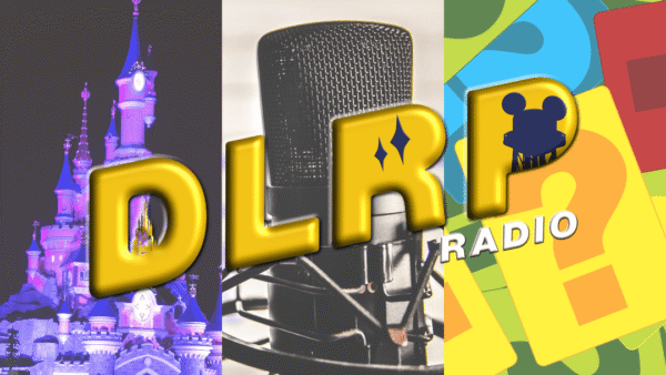 Un graphique à trois panneaux présentant, de gauche à droite, une image nocturne colorée d'un château DLRP, un gros plan d'un microphone professionnel et un dessin abstrait coloré avec des formes de Mickey Mouse.