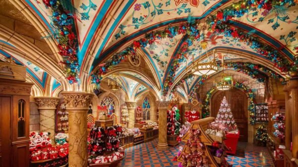 Un intérieur de magasin de Noël richement décoré avec des détails architecturaux gothiques ornés, des motifs de plafond vibrants et plusieurs arbres de Noël ornés d'ornements colorés inspirés de Disneyland Paris.