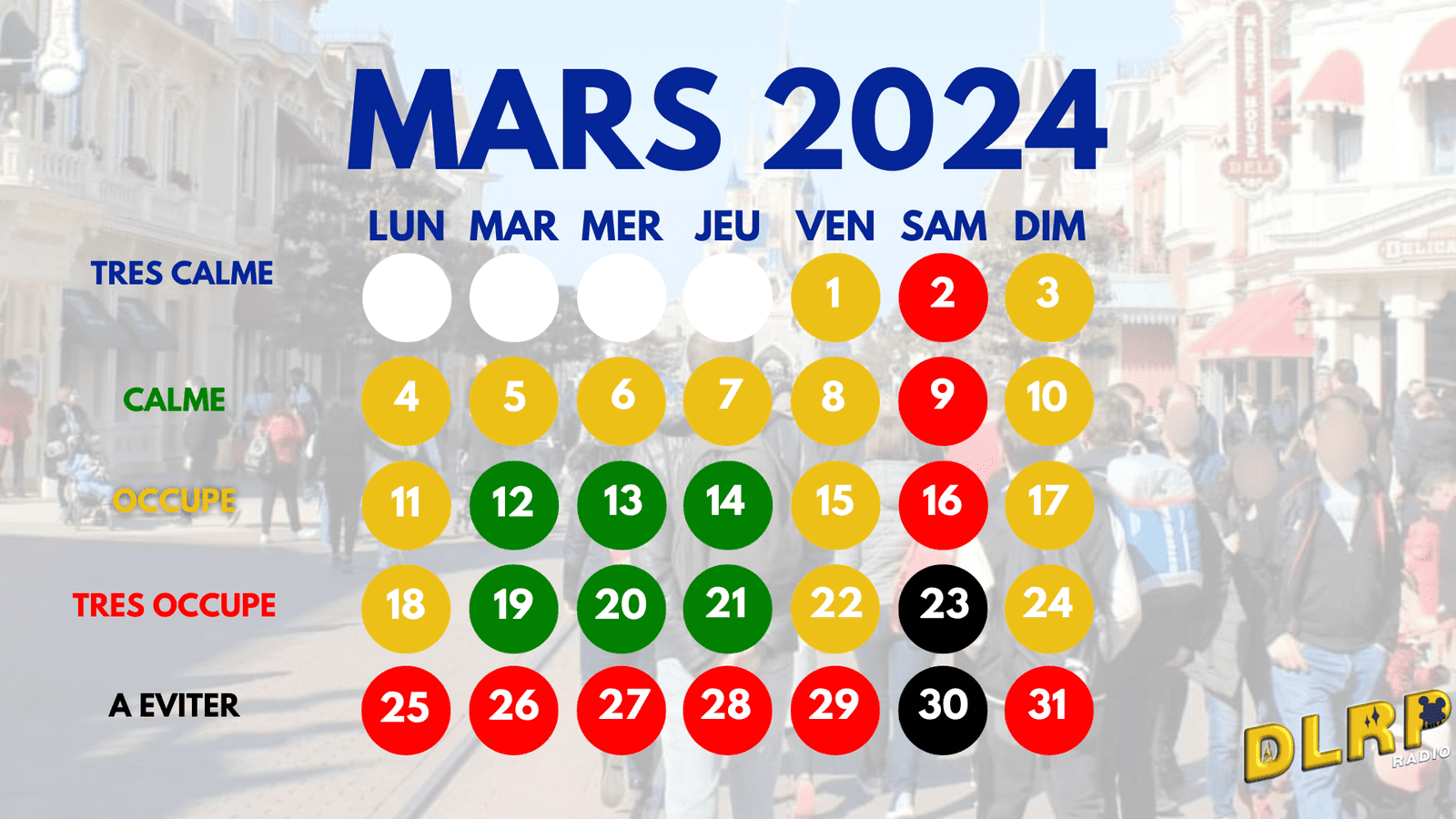 Calendrier d'affluence 2024 - 2025 à Disneyland Paris