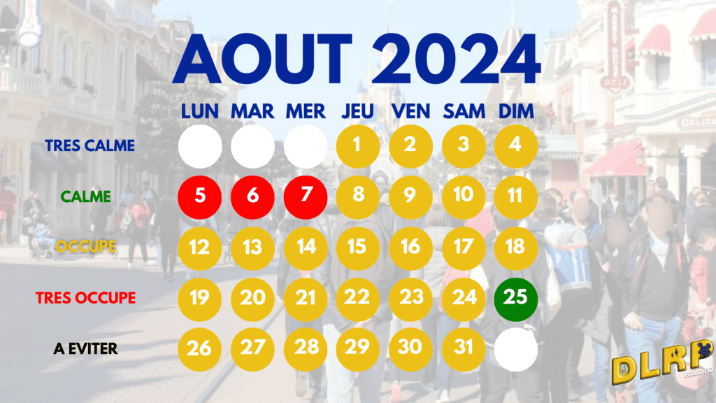 Un calendrier avec aout 2024 marqué mettant en évidence la fréquentation à Disneyland Paris.