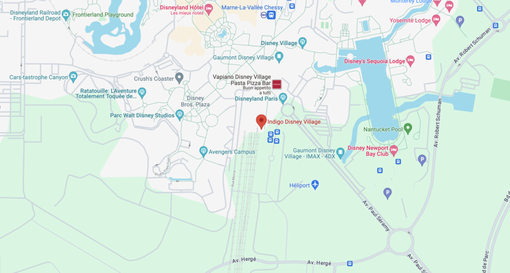 Une carte montrant l'emplacement de Disney World, y compris le parking indigo et Disney Village.