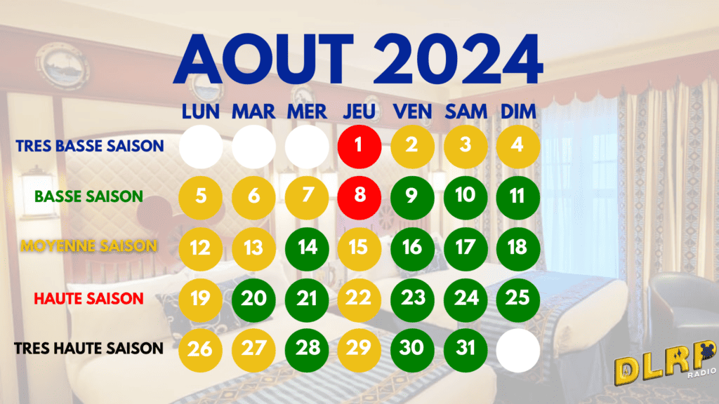 Un calendrier indiquant les dates pour aut 2024, parfait pour planifier vos hôtels ou vos vacances Disney.