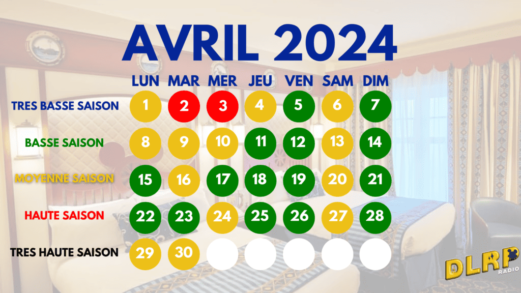 Un calendrier indiquant les dates d'avril 2024, parfait pour planifier vos vacances à Disney !
