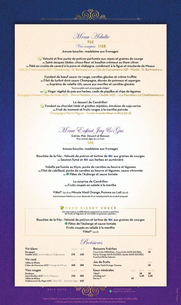 Un menu de dîner avec un fond violet et des lettres dorées représentant des personnages Disney.