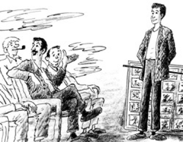 Caricature représentant un groupe de personnes assises dans une pièce, inspirée du "Livre de la Jungle".