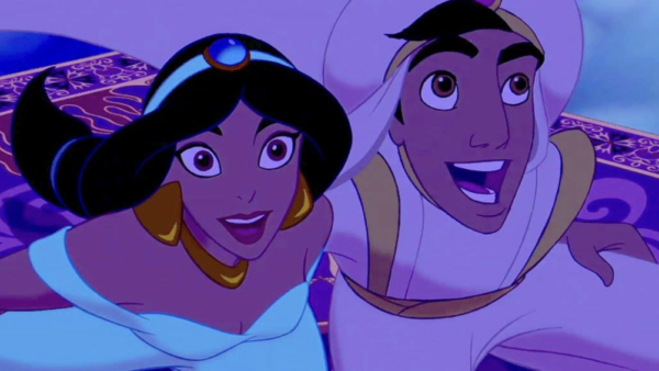 Illustration de Jasmine et Aladdin tirés d'un dessin animé, souriant ensemble sur un fond fantaisiste violet et bleu sur le thème de "Ce rêve bleu". Tous deux portent des vêtements traditionnels avec des accessoires pour la tête.