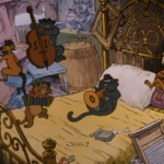 Illustration tirée d'un film d'animation, probablement de Disney, montrant quatre souris anthropomorphes jouant de divers instruments de musique comme le piano et la guitare dans une chambre confortable et encombrée.