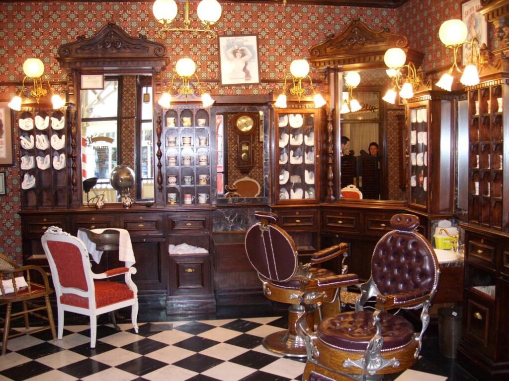Un sol en damier dans le salon de coiffure Dapper Dan à Disneyland Paris.