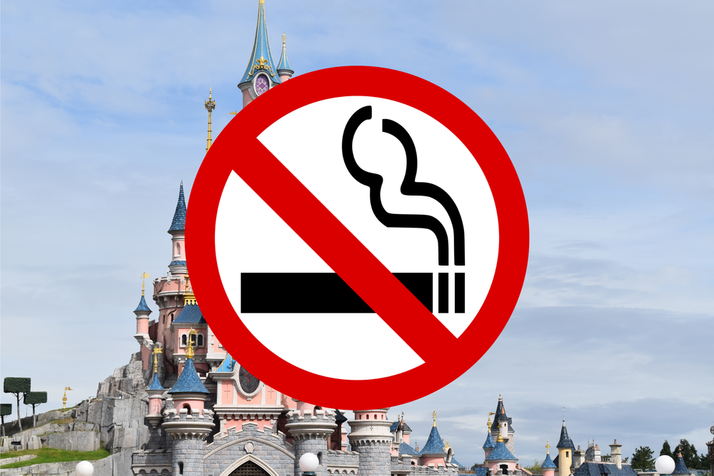 Une enseigne non-fumeur superposée sur une image de fond représentant un château de conte de fées au ciel nuageux.