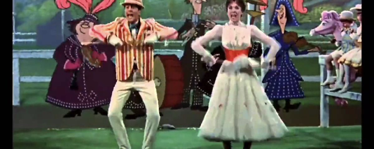Une scène vibrante de "Mary Poppins", mettant en vedette un homme et une femme dansant joyeusement dans des costumes colorés, entourés de personnages fantaisistes et d'un décor Supercalifragilisticexpialidocious.