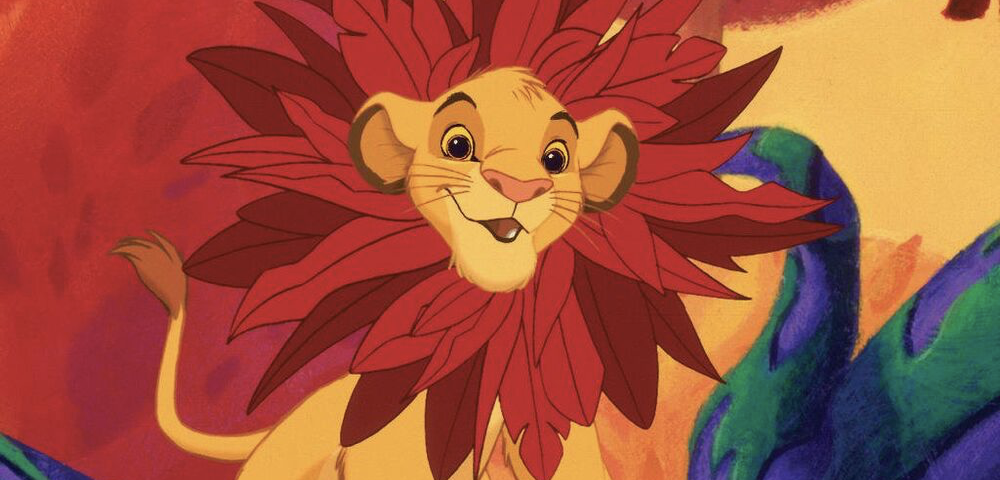 Illustration d'un jeune lion joyeux avec une grande crinière rouge vif assis dans un environnement de jungle colorée, évoquant la chanson de Disney "Je voudrais déjà être roi.