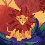Illustration d'un jeune lion joyeux avec une grande crinière rouge vif assis dans un environnement de jungle colorée, évoquant la chanson de Disney "Je voudrais déjà être roi.