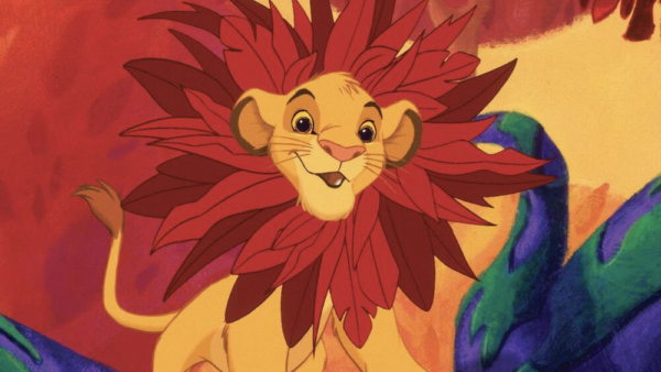 Illustration d'un jeune lion joyeux avec une grande crinière rouge vif assis dans un environnement de jungle colorée, évoquant la chanson de Disney "Je voudrais déjà être roi.