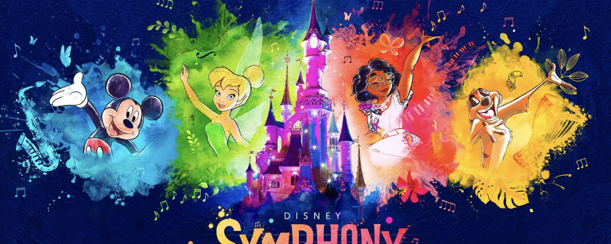 Affiche artistique aux touches colorées et vibrantes représentant Disneyland Paris, avec des illustrations de Mickey Mouse, la Fée Clochette, une princesse et un château, intitulée "Symphonie des couleurs.