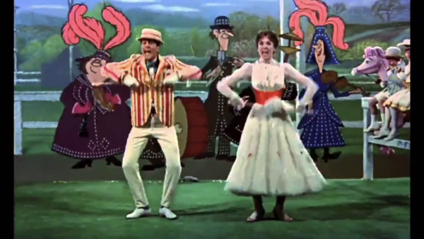 Une scène vibrante de "Mary Poppins", mettant en vedette un homme et une femme dansant joyeusement dans des costumes colorés, entourés de personnages fantaisistes et d'un décor Supercalifragilisticexpialidocious.