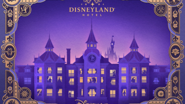 Illustration de l'hôtel Disneyland Paris présentant une conception architecturale classique et ornée avec des cadres dorés décoratifs et des silhouettes de personnages Disney, sur un fond bleu profond.