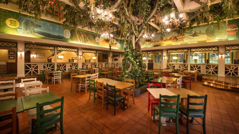 L'intérieur du restaurant Colonel Hathi's Outpost à Disneyland Paris avec un arbre au mur.