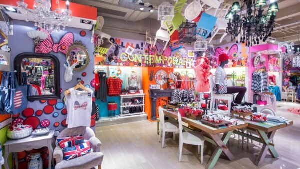 Le Disney Fashion Store dans le vibrant Disney Village, rempli d'une multitude d'articles colorés.